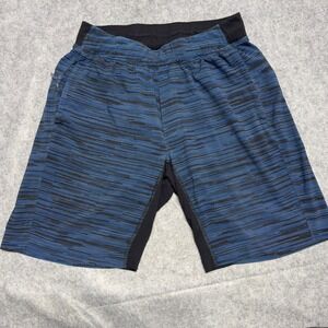 Lululemon Mens Blue Black Striped Athletic Training Shorts Size M 9 Inch Inseam